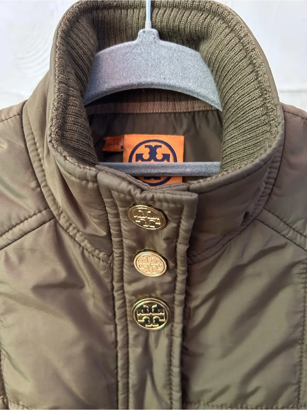 GUC Tory Burch Quilted Olive Vest with Gold Buttons size XS